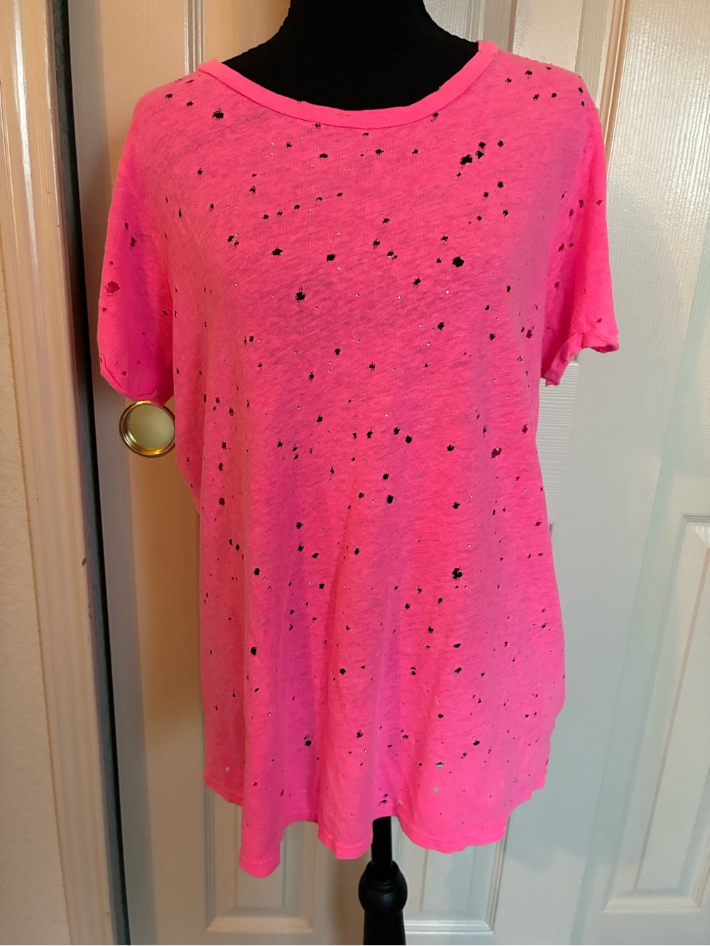 Michael Lauren Hemp/Organic Cotton Neon Pink Tee with Distressed Speckle